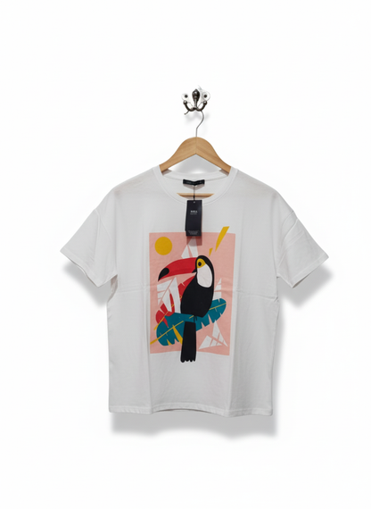 M&S White Graphic T-Shirt With A Toucan And Tropical Leaf Design