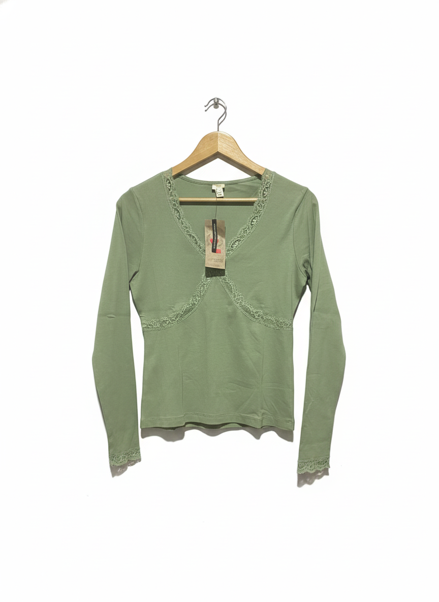RIVER ISLAND |L| BUST 17| Women's Olive Green V-Neck Top with Lace Detailing