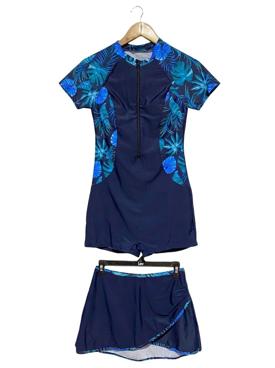 | S| B10|  TROPICAL FLORAL ZIP-UP SWIMSUIT SET WITH MATCHING SKIRT - NAVY BLUE