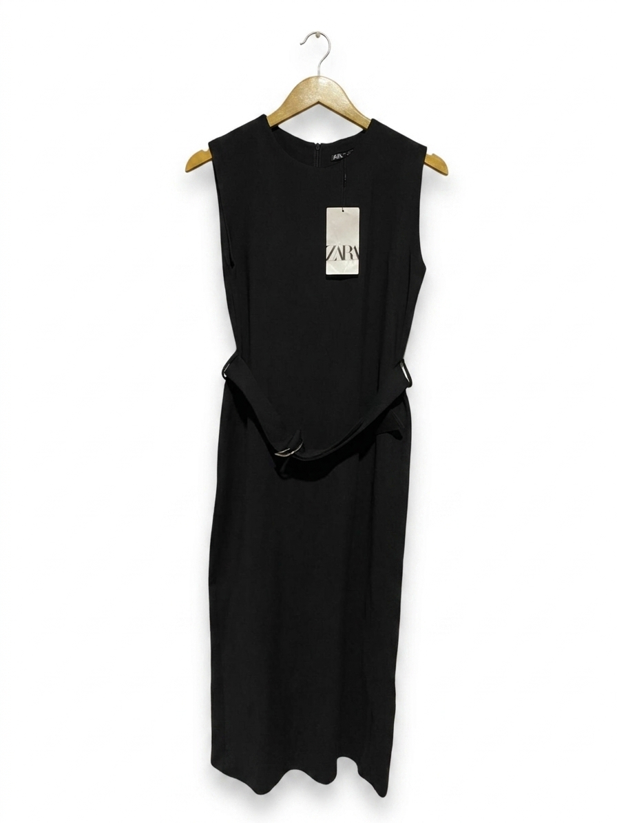 ZARA |S| BUST 17| B27| WOMEN'S PREMIUM BELTED SLEEVELESS MID-LENGTH DRESS – CLASSIC CHIC SOLID BLACK MIDI DRESS