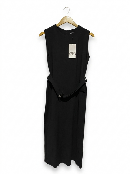 ZARA |S| BUST 17| B27| WOMEN'S PREMIUM BELTED SLEEVELESS MID-LENGTH DRESS – CLASSIC CHIC SOLID BLACK MIDI DRESS