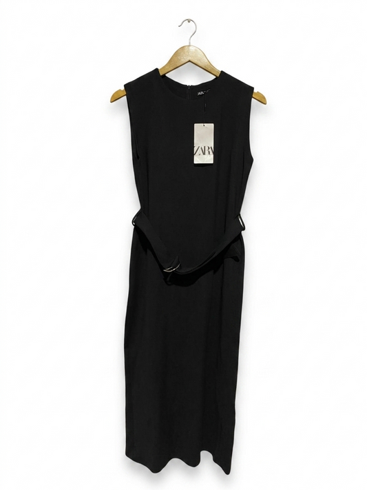 ZARA |S| BUST 17| B27| WOMEN'S PREMIUM BELTED SLEEVELESS MID-LENGTH DRESS – CLASSIC CHIC SOLID BLACK MIDI DRESS