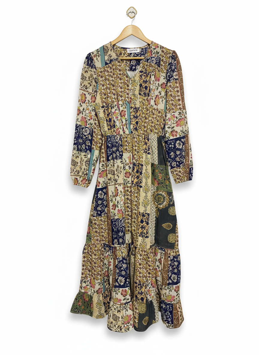 JO ANNE |M| BUST 17| C3|  VINTAGE-INSPIRED PATCHWORK TIERED MIDI DRESS