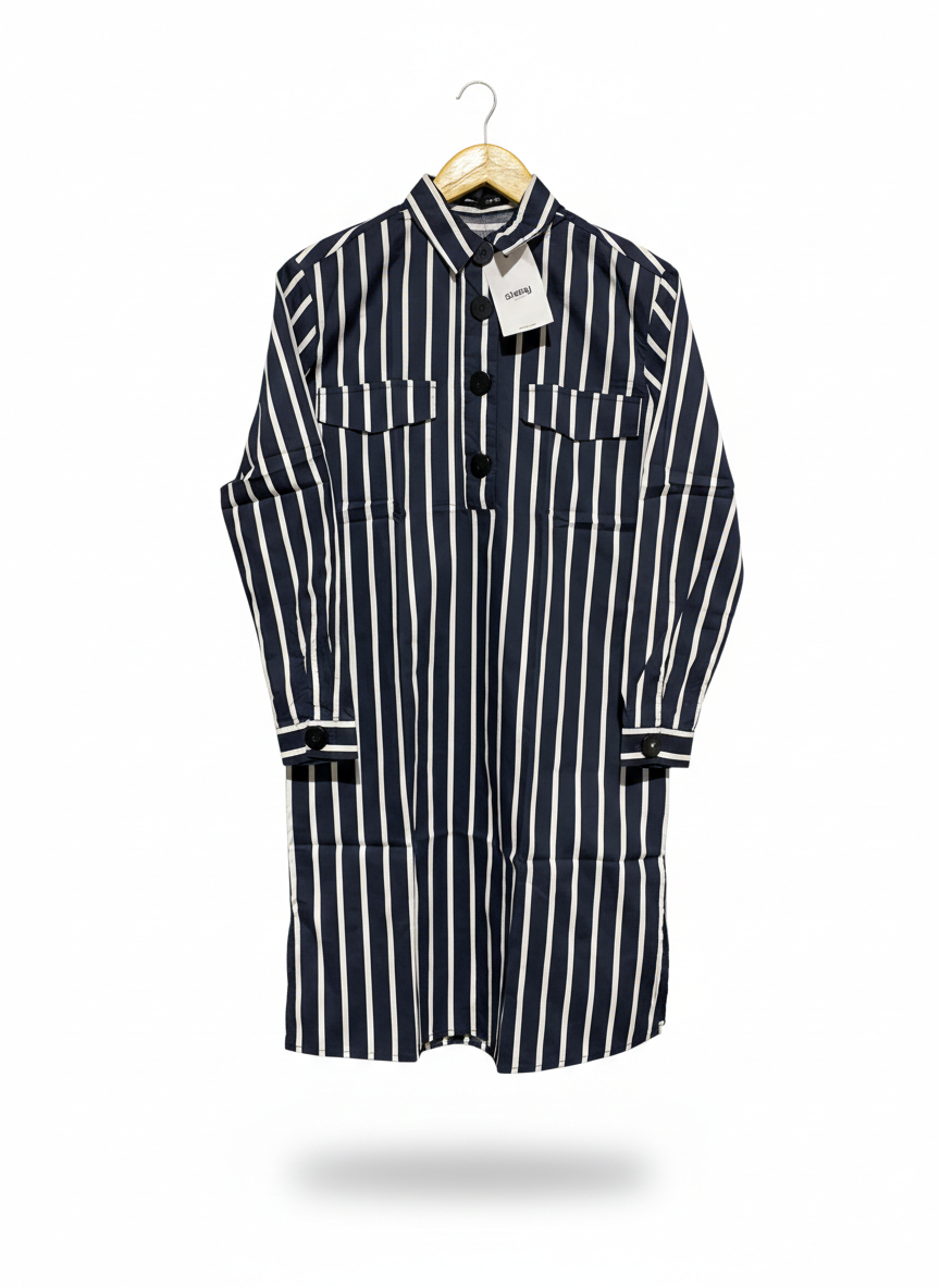SINSAY |L| BUST 18| NAVY AND WHITE VERTICAL STRIPE SHIRT DRESS
