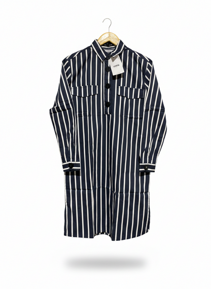SINSAY |L| BUST 18| NAVY AND WHITE VERTICAL STRIPE SHIRT DRESS