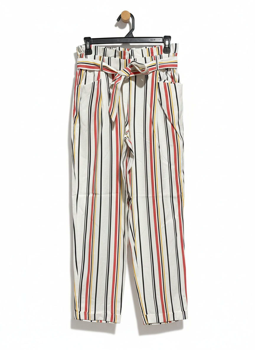 ZARA |S| WAIST 28|C1| VERTICAL STRIPED PAPERBAG WAIST TROUSERS WITH TIE BELT