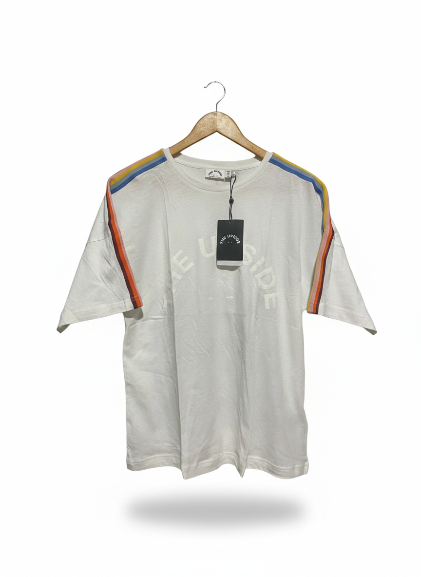 THE UPSIDE |XS| BUST 20| C1| RAINBOW STRIPE GRAPHIC T SHIRT