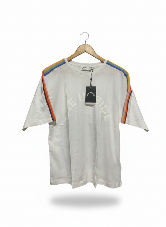 THE UPSIDE |XS| BUST 20| C1| RAINBOW STRIPE GRAPHIC T SHIRT