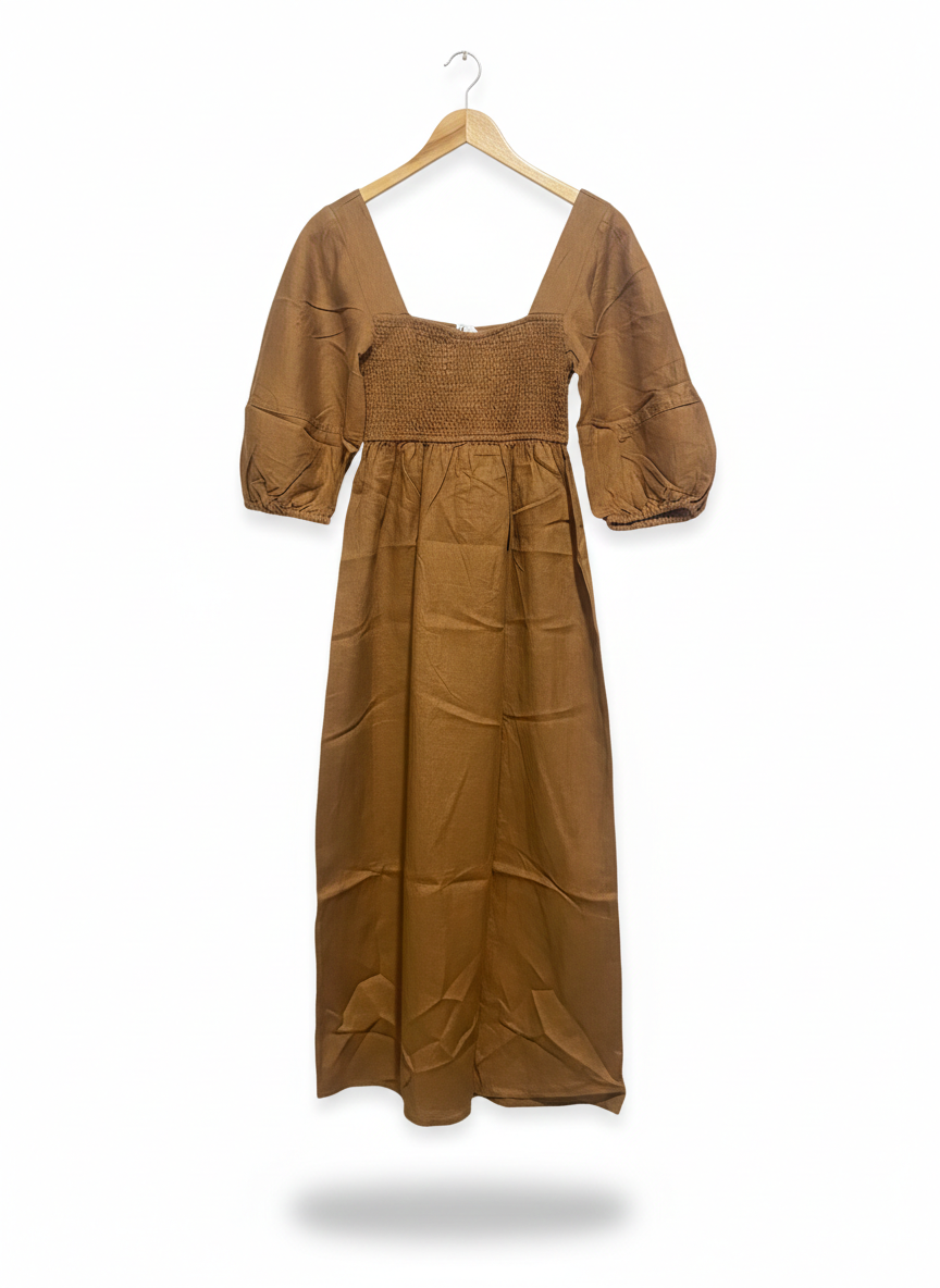 SEED |M| BUST 14| C6|  CARAMEL SMOCKED PUFF-SLEEVE MAXI DRESS