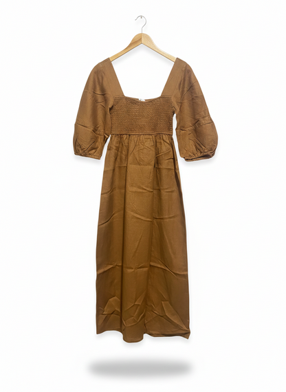 SEED |M| BUST 14| C6|  CARAMEL SMOCKED PUFF-SLEEVE MAXI DRESS