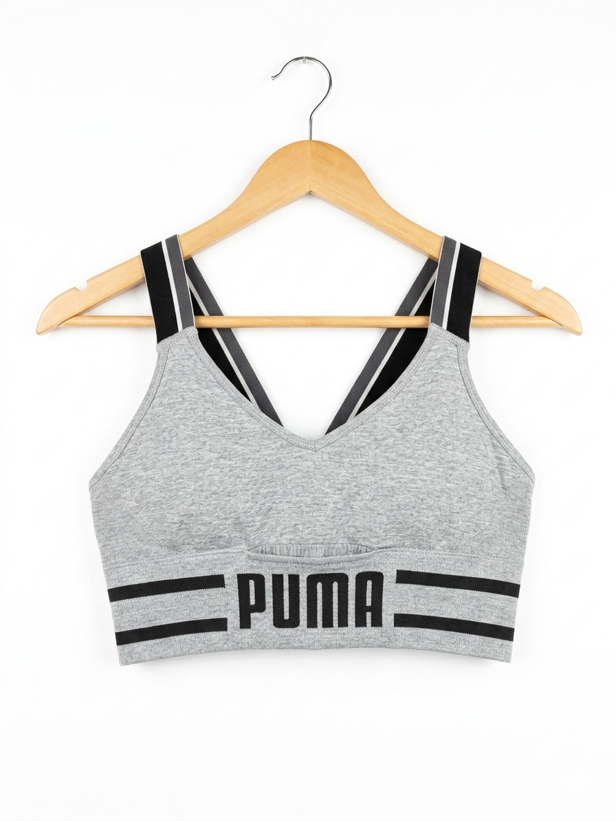 PUMA |M| BUST 14| B26| GREY MARL V-NECK SPORTS BRA WITH STRIPED LOGO BAND