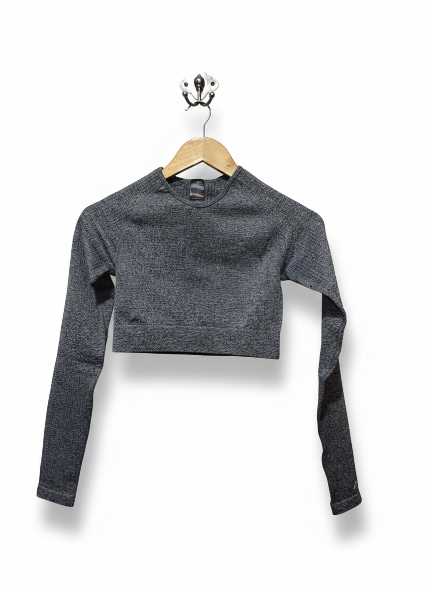 BOOHOO|L|BUST 13|HEATHER GRAY SEAMLESS LONG SLEEVE CROP TOP