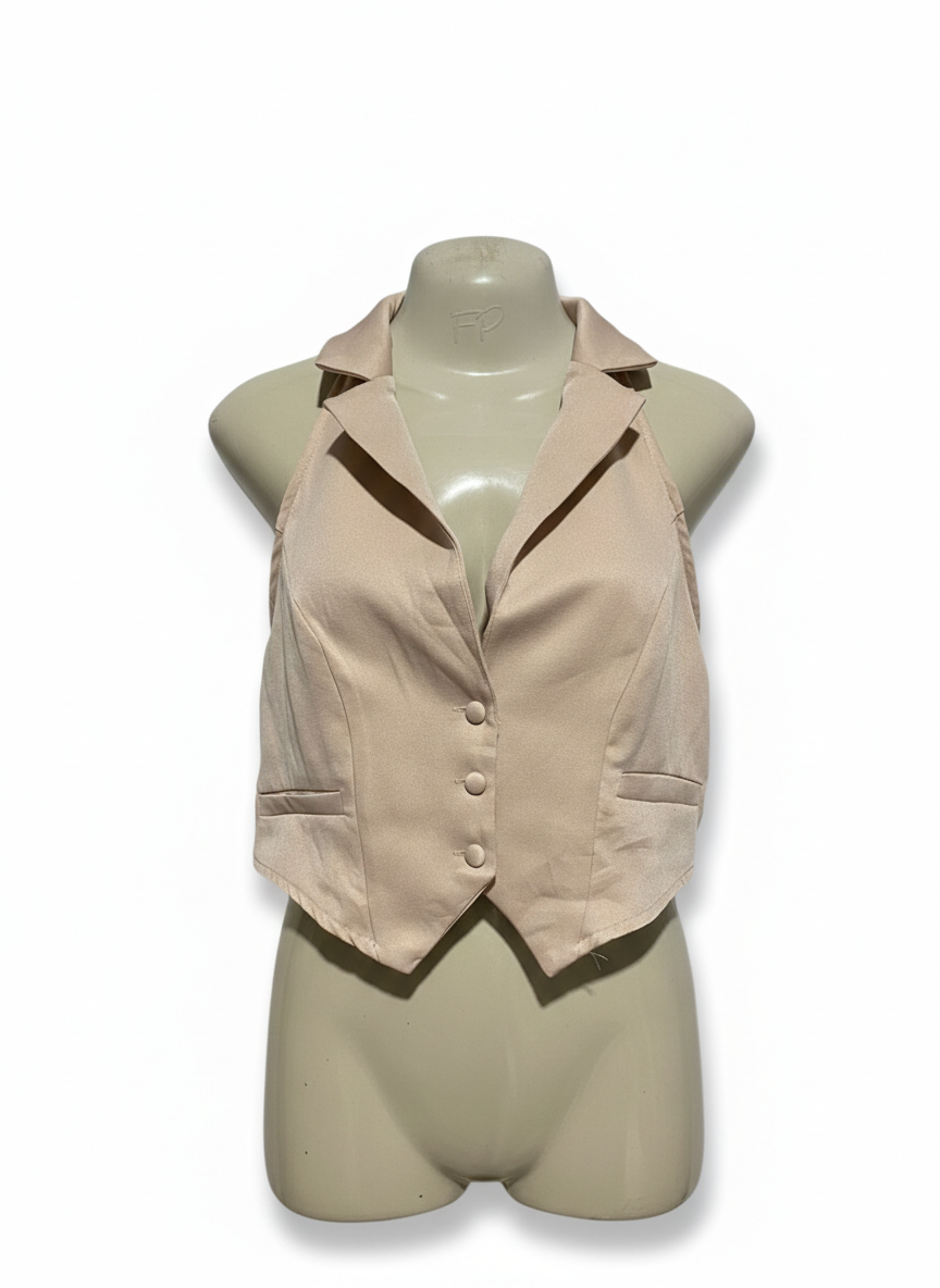 PRETTYLITTLETHING |M| BUST 17| CHIC TAILORED BEIGE HALTER VEST WITH NOTCH LAPEL AND BUTTON FRONT