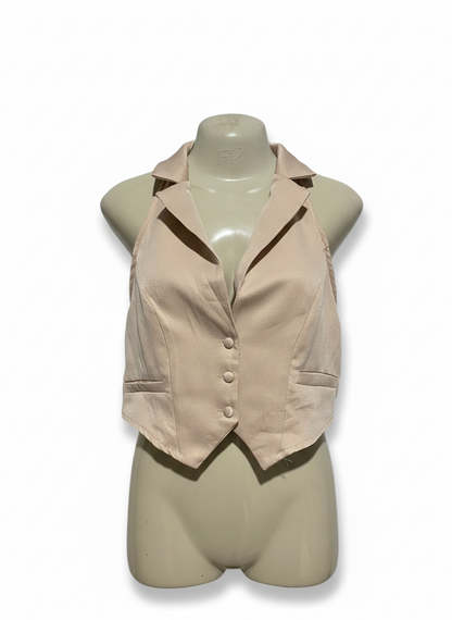 PRETTYLITTLETHING |M| BUST 17| CHIC TAILORED BEIGE HALTER VEST WITH NOTCH LAPEL AND BUTTON FRONT
