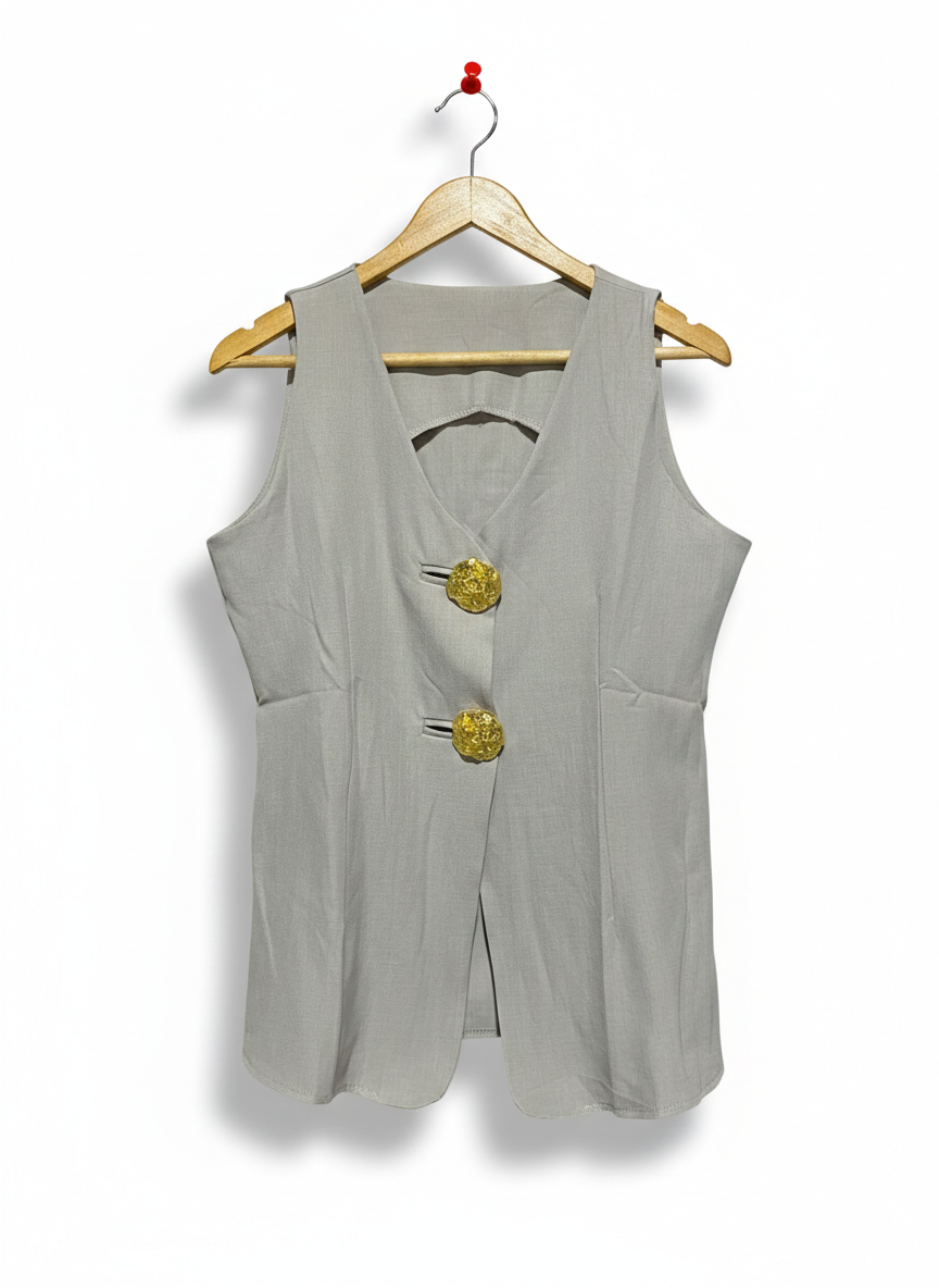 BUTTON SPLIT SLEEVELESS VEST - TAUPE GREY |M| BUST 19|