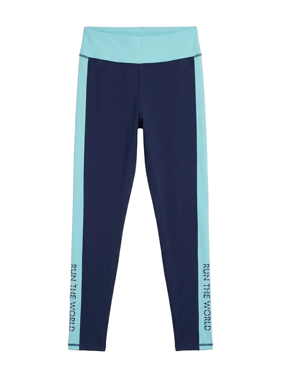 TEX |M| WAIST 26| B11|  TWO-TONE NAVY & TEAL ACTIVE LEGGINGS - "RUN THE WORLD" GRAPHIC TIGHTS