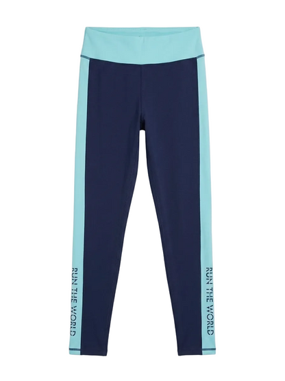 TEX |M| WAIST 26| B11|  TWO-TONE NAVY & TEAL ACTIVE LEGGINGS - "RUN THE WORLD" GRAPHIC TIGHTS