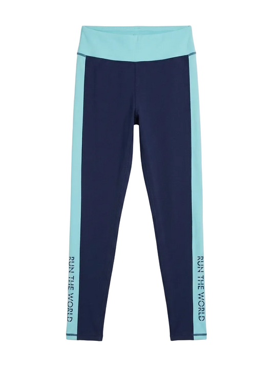 TEX |M| WAIST 26| B11|  TWO-TONE NAVY & TEAL ACTIVE LEGGINGS - "RUN THE WORLD" GRAPHIC TIGHTS