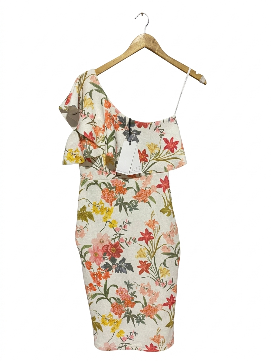EDIT | XS| BUST 16| B7| LORAL PRINT ONE-SHOULDER RUFFLE MIDI DRESS