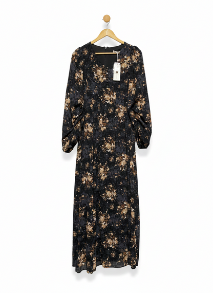LORRAINE |L| BUST 20| C5| ELEGANT BLACK VINTAGE FLORAL LONG SLEEVE MAXI DRESS