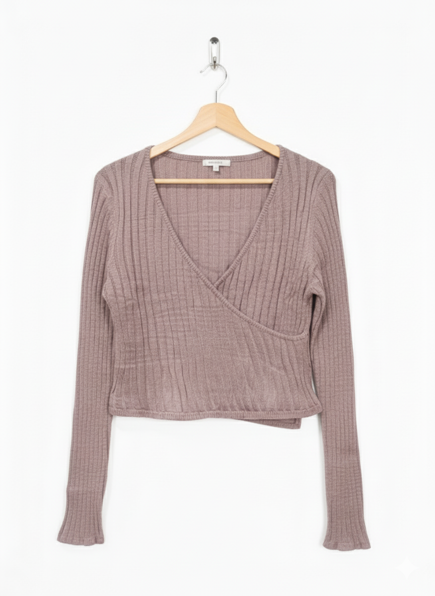 Women's L Crop Top Long Sleeve Faux Wrap Light Purple Mauve sweater W-17 / L-18