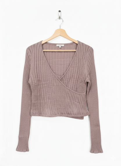 Women's L Crop Top Long Sleeve Faux Wrap Light Purple Mauve sweater W-17 / L-18