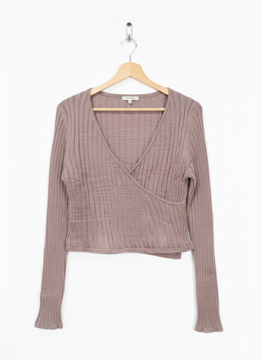 Women's L Crop Top Long Sleeve Faux Wrap Light Purple Mauve sweater W-17 / L-18