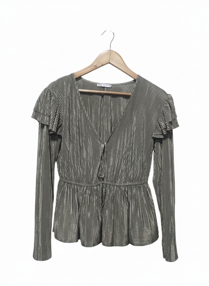 Zara GREY Crinkle Fabric Ruffle Shoulder Top