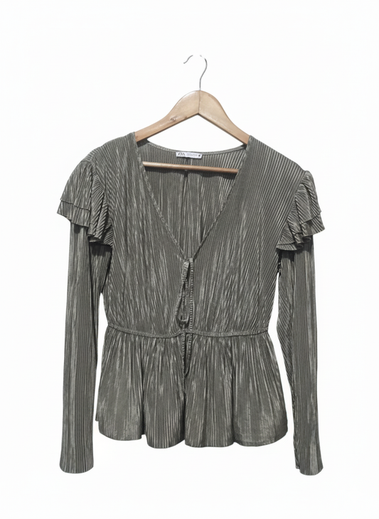 Zara GREY Crinkle Fabric Ruffle Shoulder Top