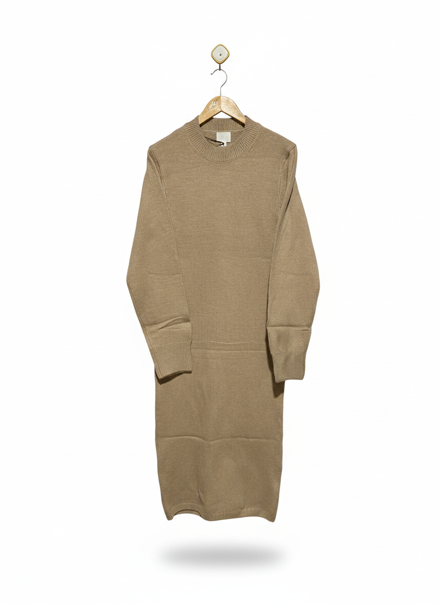 H&M |S| BUST 16| Beige or Tan Long-Sleeve Knit Midi Dress
