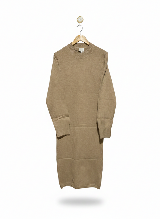 H&M |S| BUST 16| Beige or Tan Long-Sleeve Knit Midi Dress