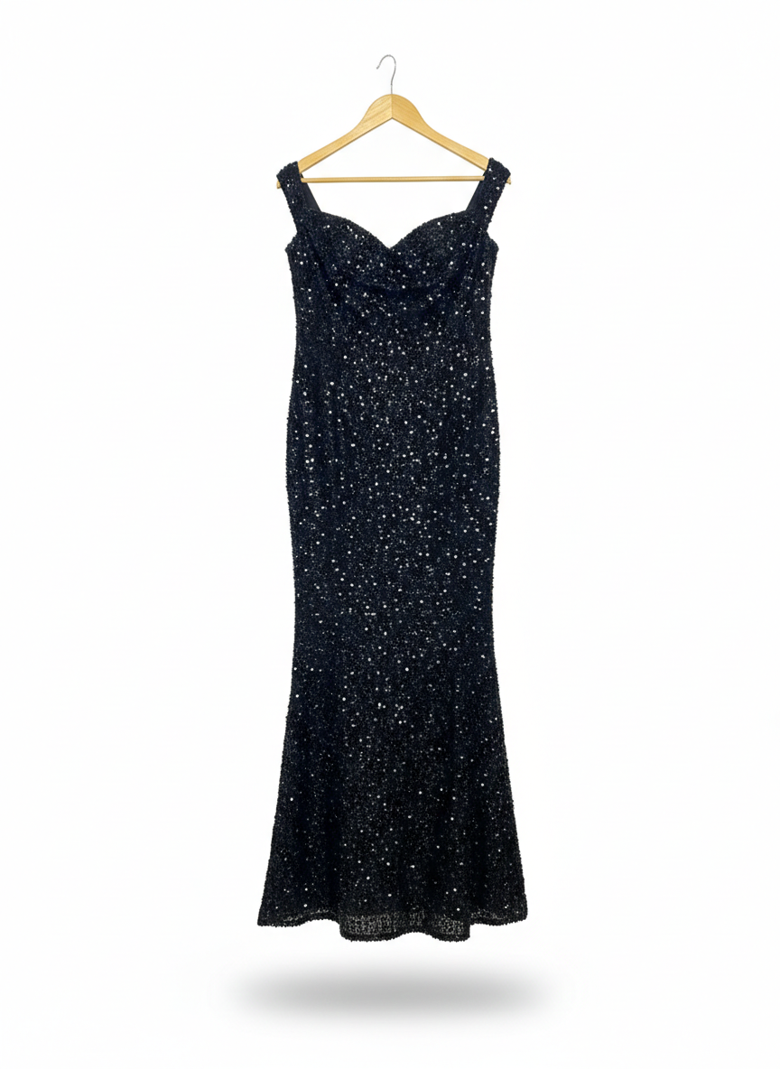 BLACK SEQUIN MERMAID GOWN MAXI DRESS |XL| BUST 18|