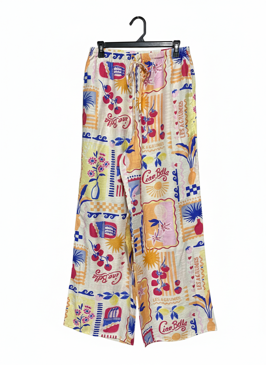 & ME |M| WAIST 28| WIDE LEG MULTICOLOR GRAPHIC TROUSERS