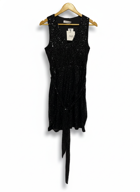 ATMOS & HERE|S/M|BUST 14|BLACK SEQUIN SLEEVELESS WRAP MINI DRESS