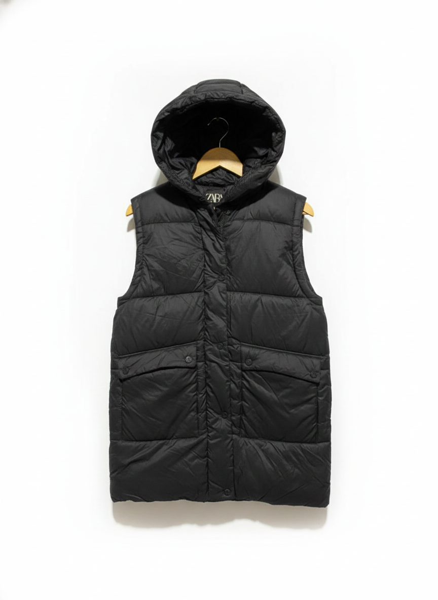 ZARA |L| BUST 20| Black Hooded Puffer Gilet