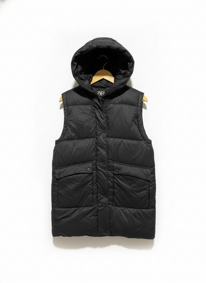 ZARA |L| BUST 20| Black Hooded Puffer Gilet
