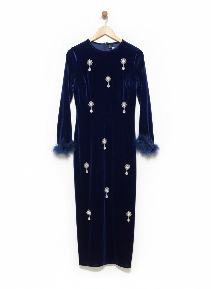 SHEIN |L| BUST 18| C3| LUXURY ROYAL BLUE VELVET MIDI GOWN - ELEGANT LONG SLEEVE PARTY DRESS