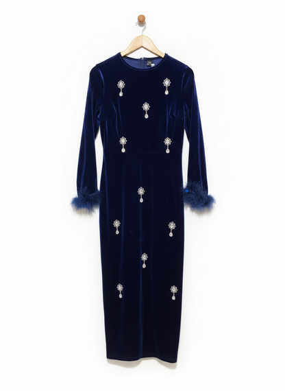 SHEIN |L| BUST 18| C3| LUXURY ROYAL BLUE VELVET MIDI GOWN - ELEGANT LONG SLEEVE PARTY DRESS