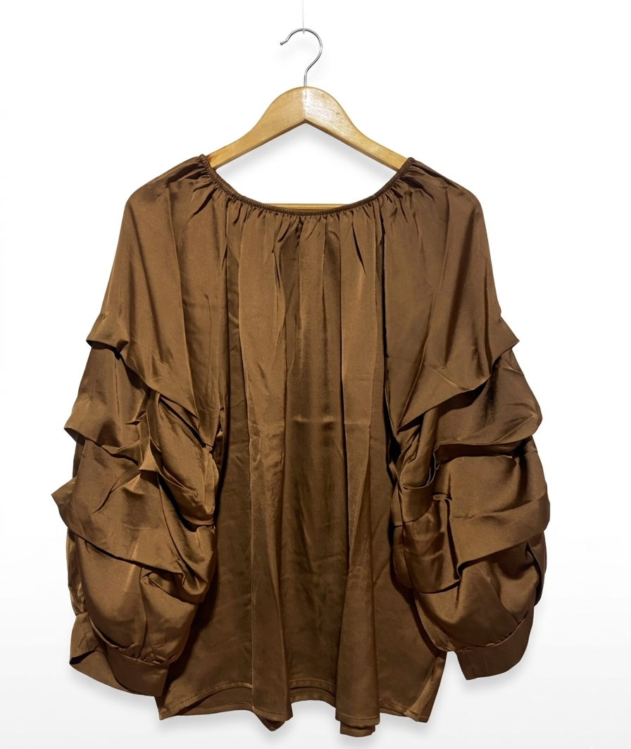 DIVERSE | XL| BUST 25| B9| LUXURIOUS CHOCOLATE BROWN SATIN RUFFLE-SLEEVE BLOUSE