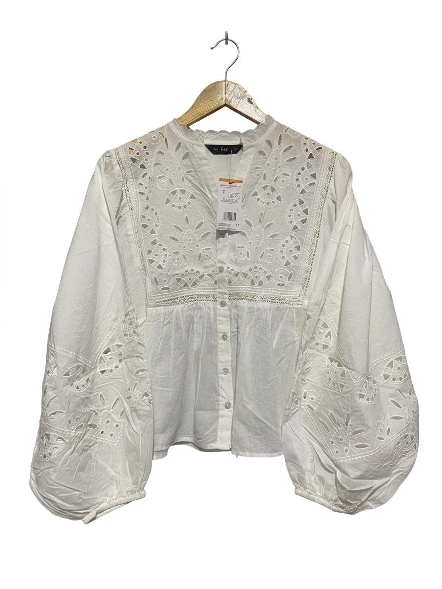 F&F |M| BUST 19| B4| WHITE BRODERIE ANGLAISE BALLOON SLEEVE BOHEMIAN BLOUSE