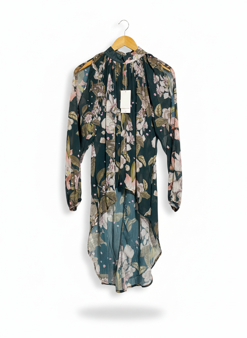 WHITE CLOSET |M| BUST 17|C4|FLORAL HIGH-LOW BLOUSE WITH COLD-SHOULDER DETAIL