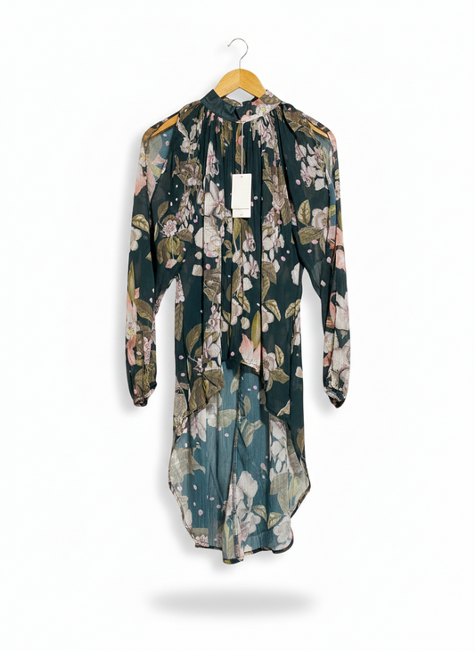 WHITE CLOSET |M| BUST 17|C4|FLORAL HIGH-LOW BLOUSE WITH COLD-SHOULDER DETAIL