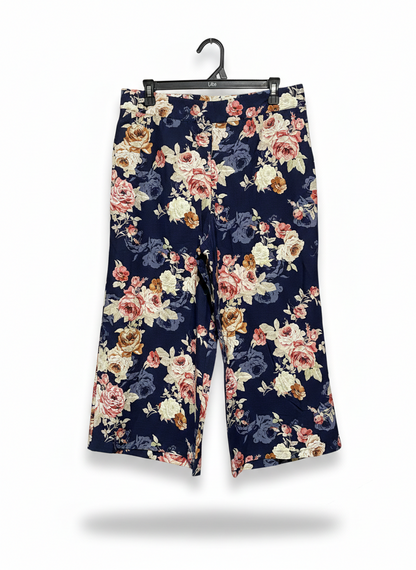 WOMAN |XL| WAIST 33|C1| VIBRANT NAVY BLUE FLORAL PRINT WIDE-LEG CULOTTES WITH HIGH WAIST