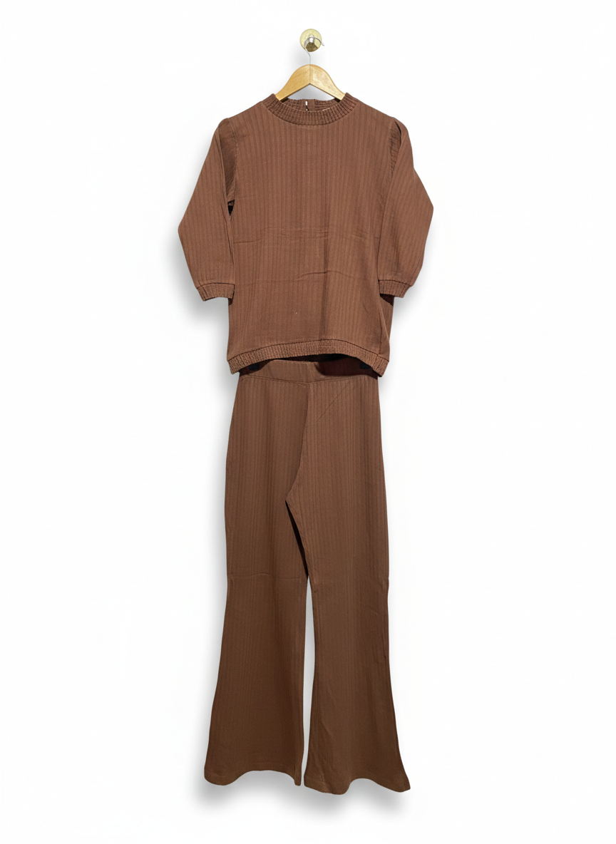 KHAADI |S| Brown Ribbed Knit Wide Leg Pants Set