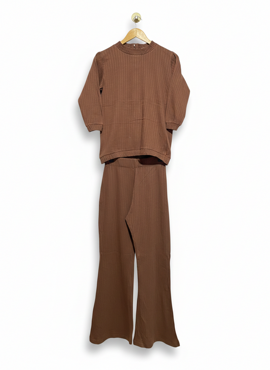 KHAADI |S| Brown Ribbed Knit Wide Leg Pants Set