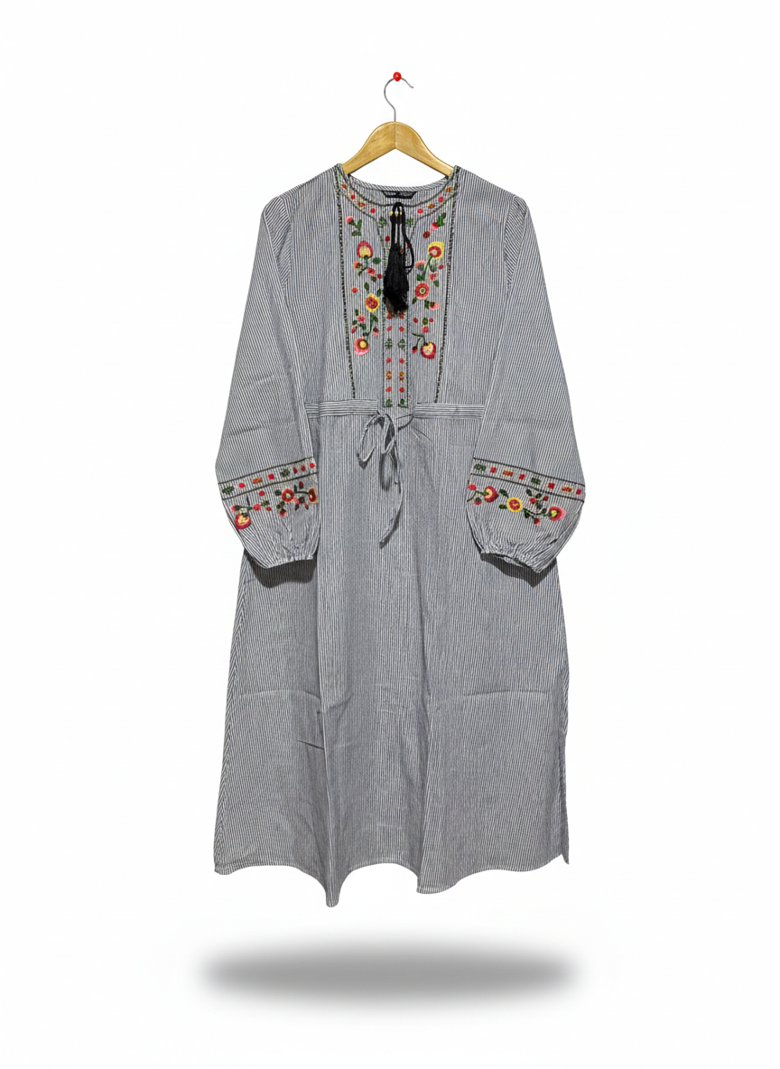 SHEIN |L| BUST 21| C3| VINTAGE-INSPIRED STRIPED MIDI DRESS WITH FLORAL EMBROIDERY