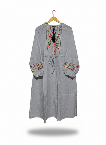 SHEIN |L| BUST 21| C3| VINTAGE-INSPIRED STRIPED MIDI DRESS WITH FLORAL EMBROIDERY