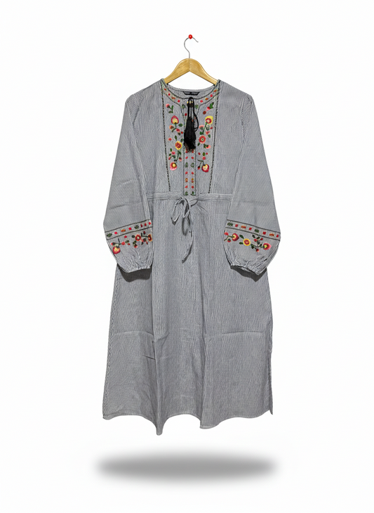 SHEIN |L| BUST 21| C3| VINTAGE-INSPIRED STRIPED MIDI DRESS WITH FLORAL EMBROIDERY