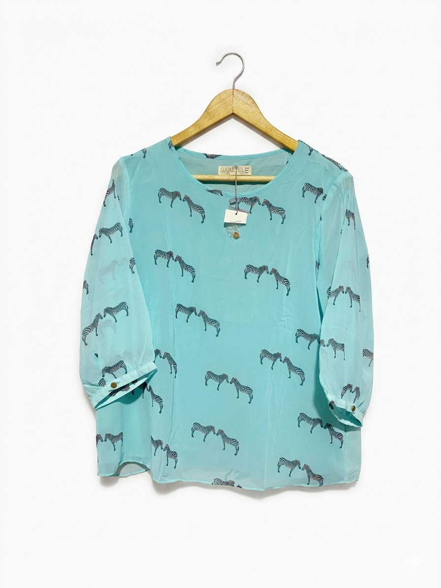 SUGARHILL |L| BUST 21| B8| BRIGHT AQUA ZEBRA PRINT SHEER BLOUSE