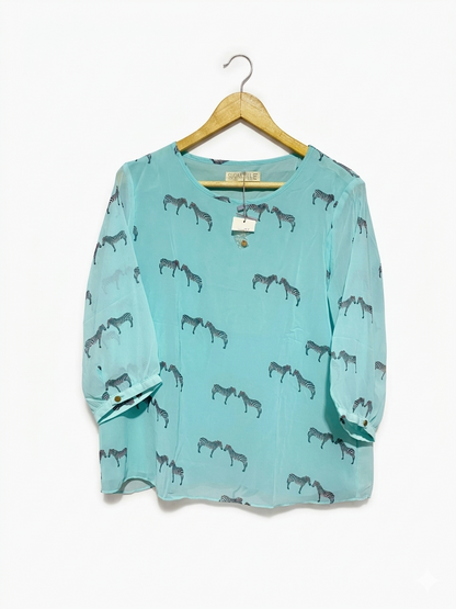 SUGARHILL |L| BUST 21| B8| BRIGHT AQUA ZEBRA PRINT SHEER BLOUSE